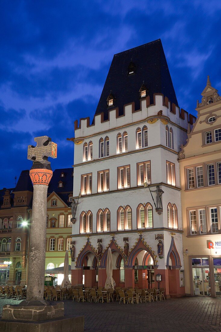 Steipe and market cross, illuminated at night, Trier, Germany
