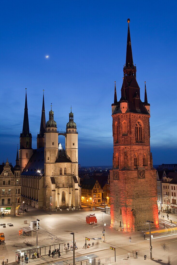 Marien Church and Red Tower, illuminated at night, Halle, Germany