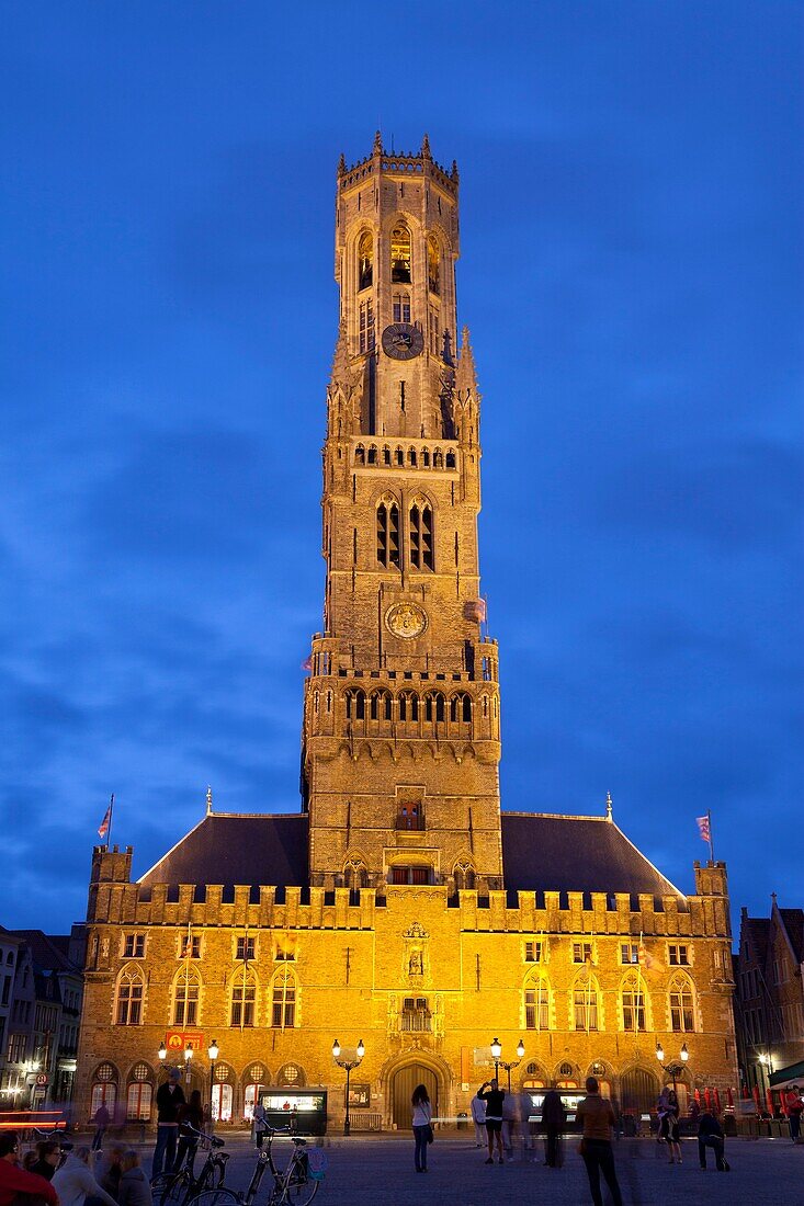 belfry, illuminated at night, Bruges, Belgium