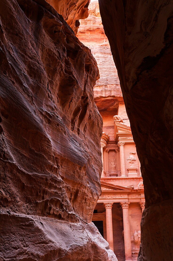 A glimpse of Al Khazneh, the Treasury, from the Siq, Petra, Jordan