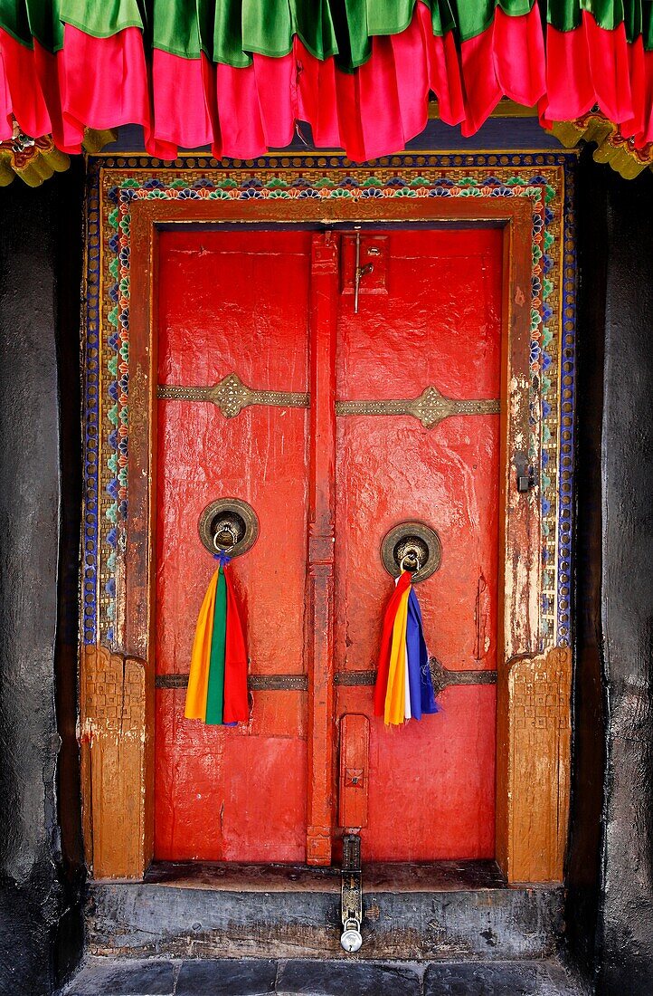 Detail of a door at the Likir Gompa, buddhist monastery, in Ladakh, India