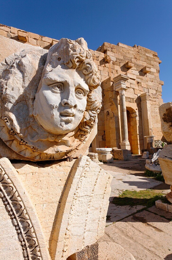 Sculpted Medusa head at the Forum of Severus, Leptis Magna, Libya