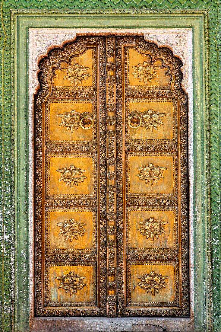 Ornate doorway in the Peacock Courtyard inside the City Palace complex, Jaipur, Rajasthan, India