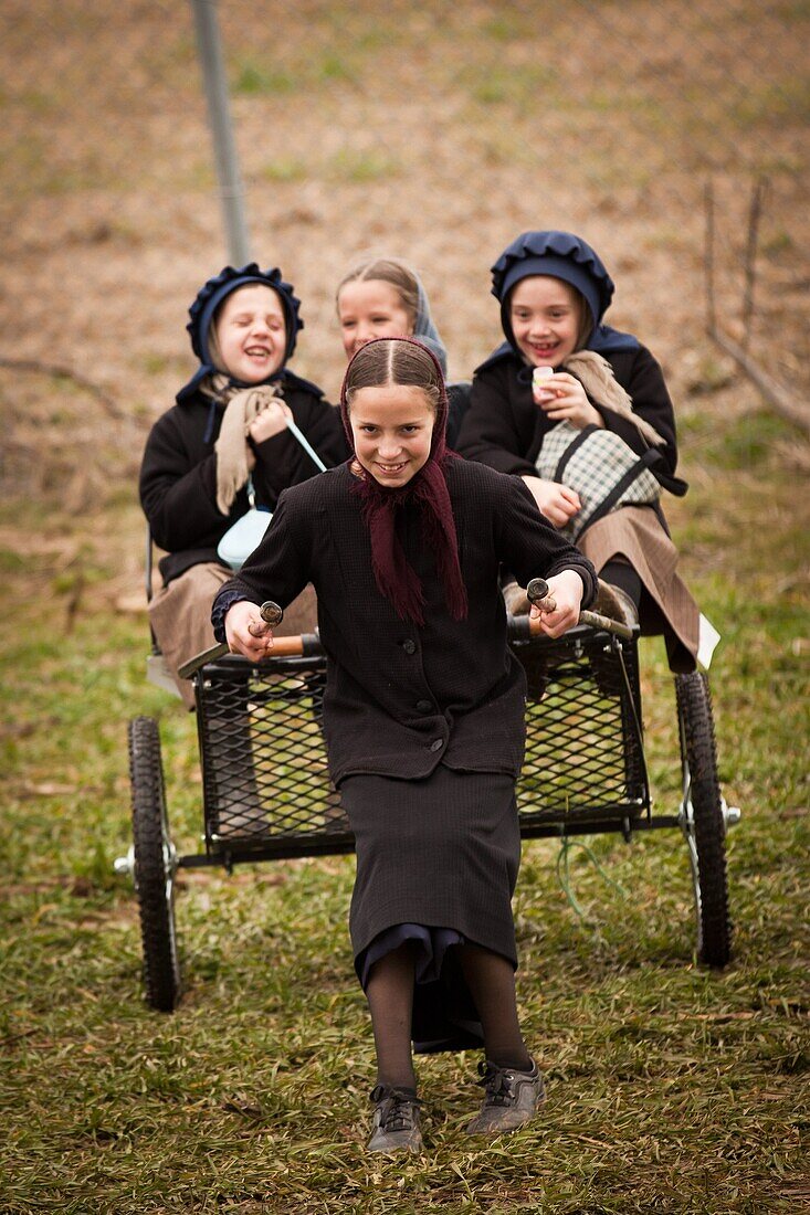 Amish girls play on a carriage during the Annual Mud Sale to support the Fire Department in Gordonville, PA