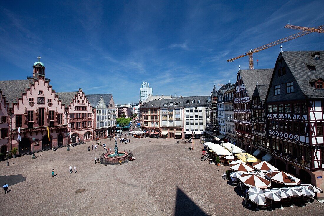 The Römerberg plaza one of the major landmarks in Frankfurt am Main seen from Alte Nikolaikirche, Germany, Europe