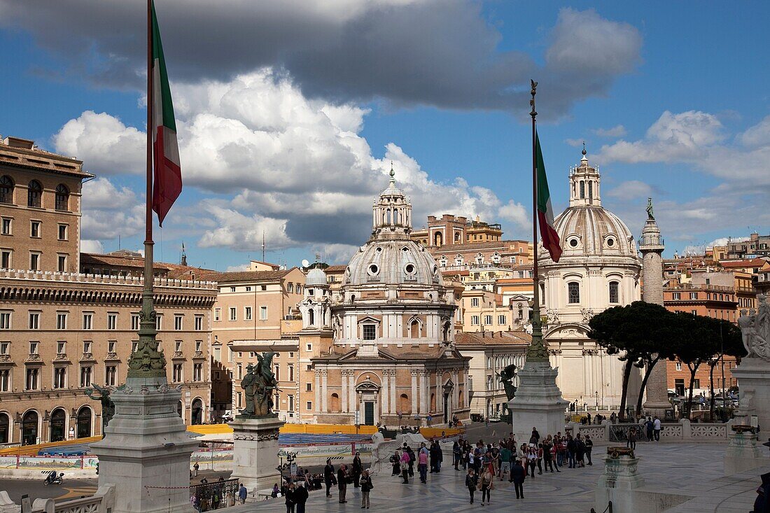 Santa Maria di Loreto and SS. Nome di Maria churches seen from the Altar of the Fatherland, Rome, Lazio, Italy, Europe