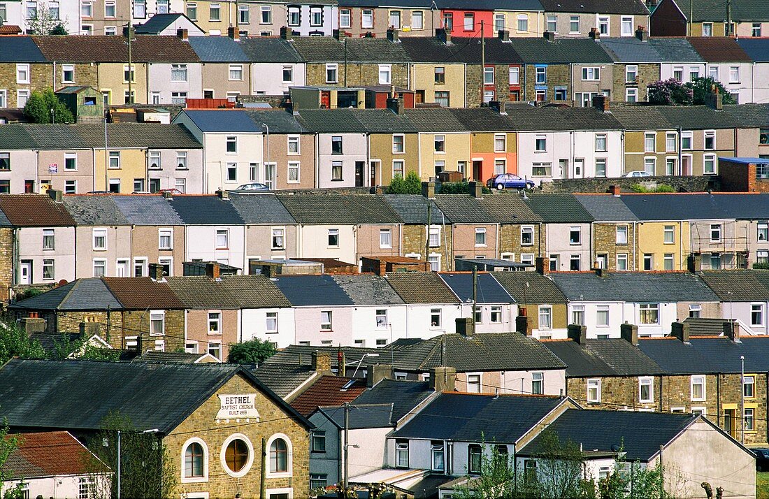 Tredegar town village coal mining community terraced houses and Bethel Baptist Church, Gwent, south Wales, UK