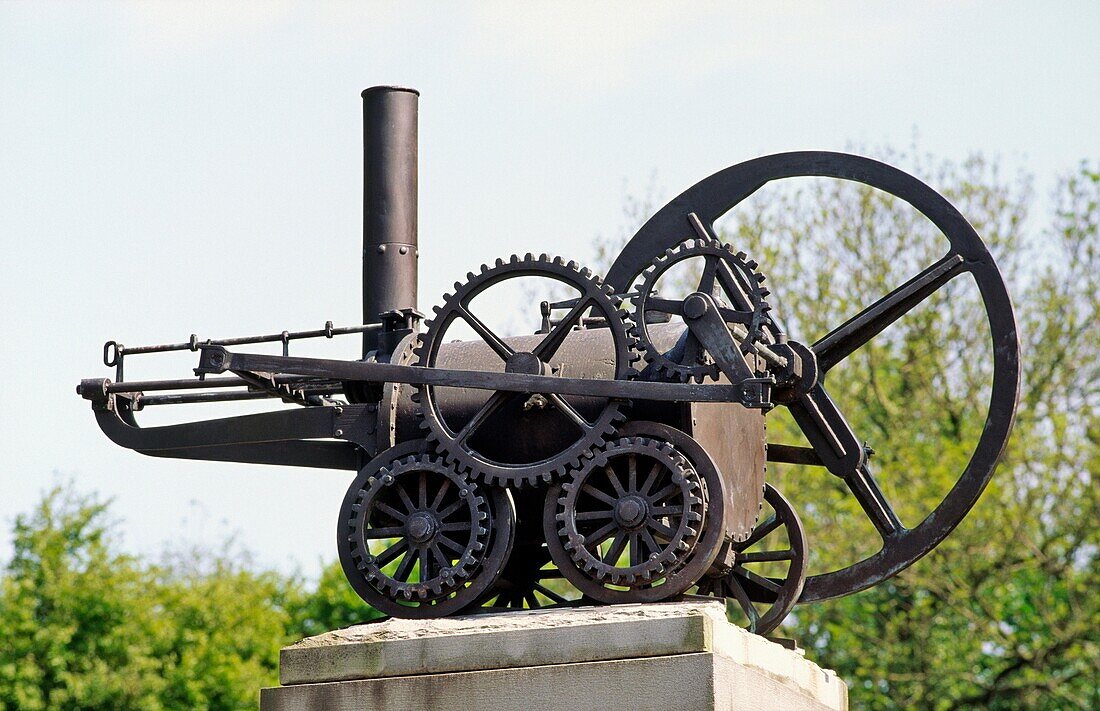Merthyr Tydfil, Wales, UK  Replica of first steam engine track locomotive  Designed by Trevithick for Penydarren ironworks