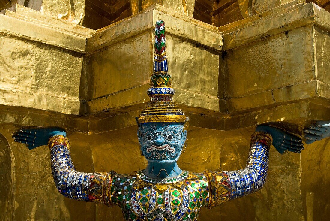 Thailand, Bangkok, Wat Phra Kaeo Complex Grand Palace Complex, statue of demon on the Golden Chedi