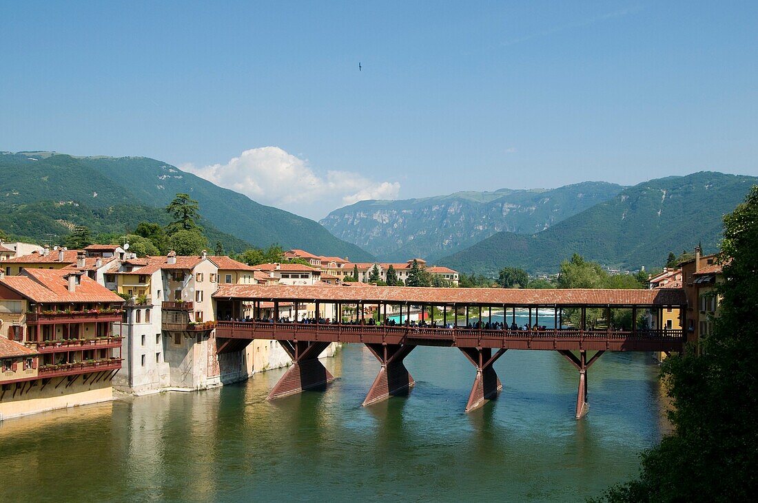 Italy, Vicenza province, Bassano del Grappa, wood bridge over the Brenta river.