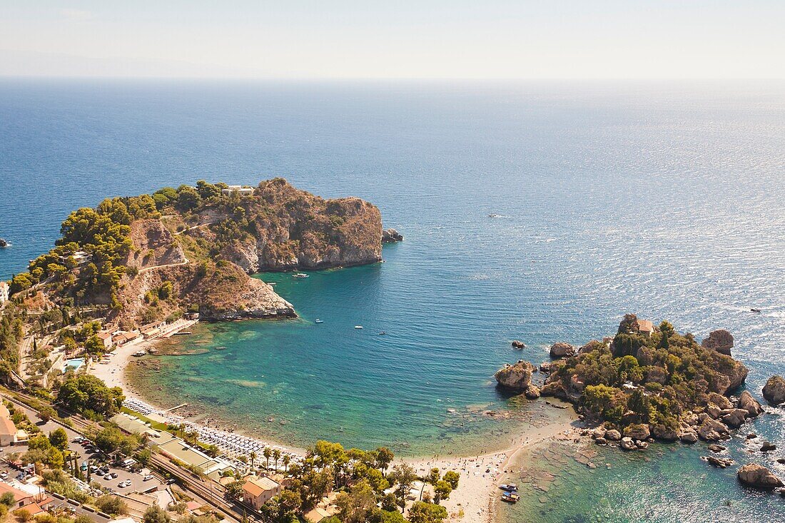 View of Capo Sant’ Andrea and Isola Bella island, Baia Dell’ Isola Bella, Taormina, Sicily, Italy