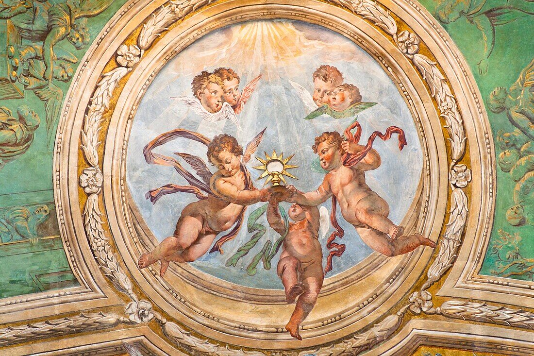 Paintings on ceiling of Santissimo Sacramento Chapel, Syracuse Cathedral, Ortygia, Syracuse, Sicily, Italy