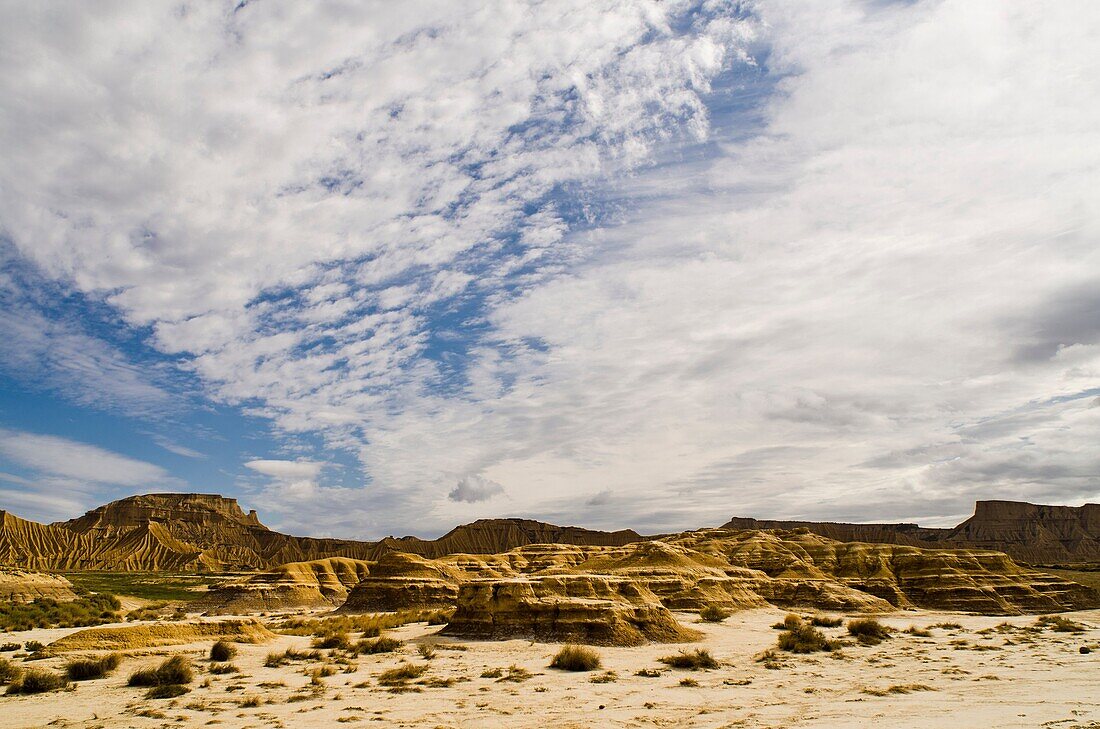 Geological formations and landscape in Bardenas Reales Nature park  Navarre  Spain
