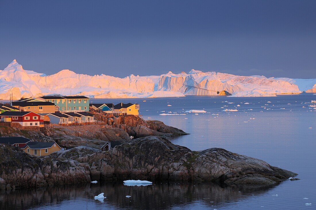Town of Ilulissat at dawn, Disko Bay, Jakobshavn Glacier, Icefjord, Greenland