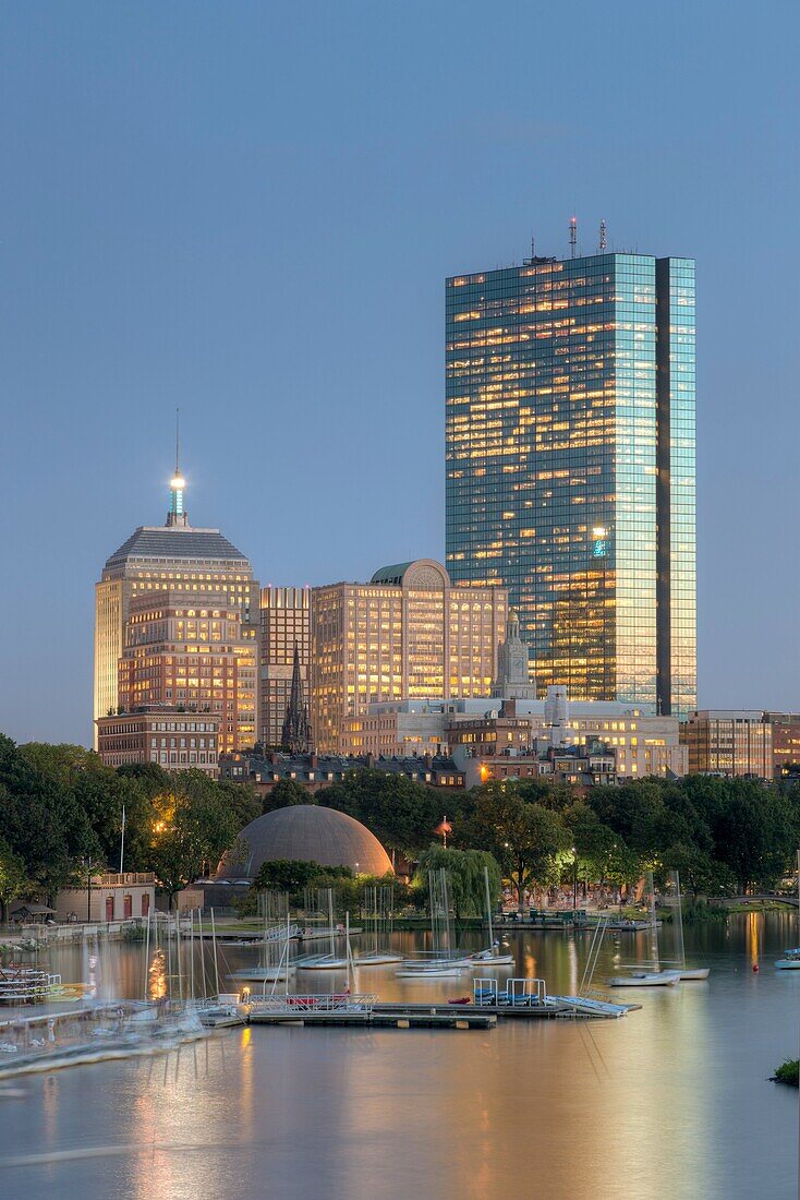 Twilight view of the Boston skyline including the John Hancock building, as seen over the Charles River from the Longfellow Bridge, Boston, Massachusetts, USA