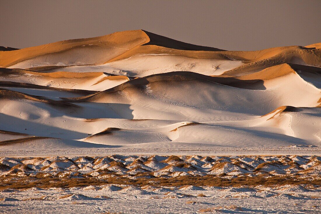 Khongur sand dunes, Sevrei mountains, dawn, winter in Gobi desert, Mongolia