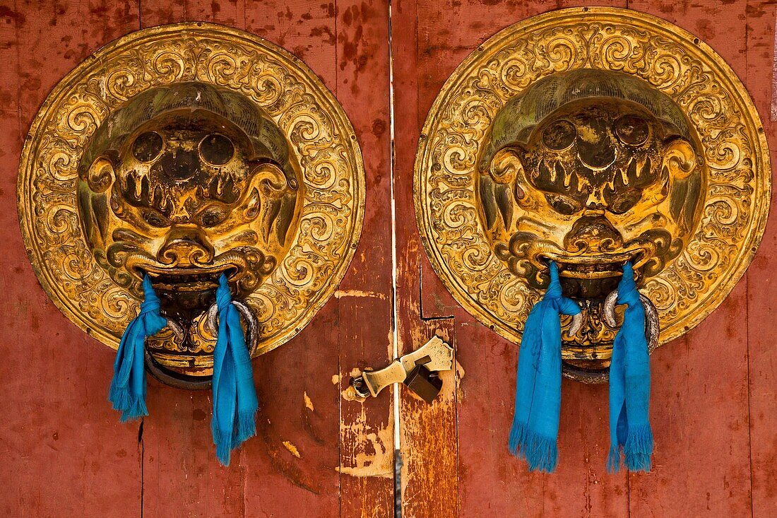 Brass lions handles , entrance to Erdene Zuu Buddhist monastery, near Kharakhorum, ancient capital of Mongol empire, Mongolia