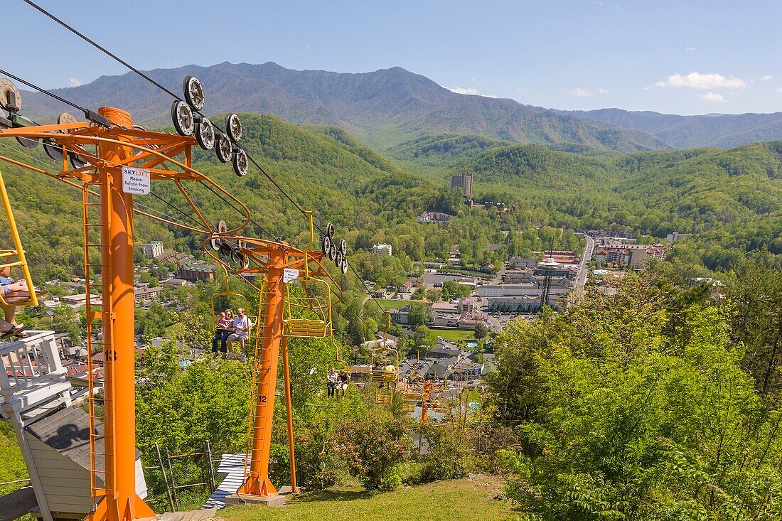 Looking down on Gatlinburg Tennessee from top of Gatlinburg Sky Lift on Crockett Mountain