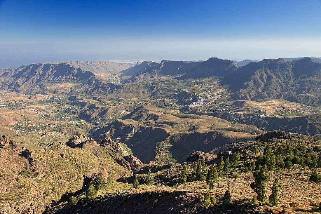 Canary Islands, Gran Canaria, Central Mountains, View of South Gran Canaria with Fataga and St  Bartholomey Village