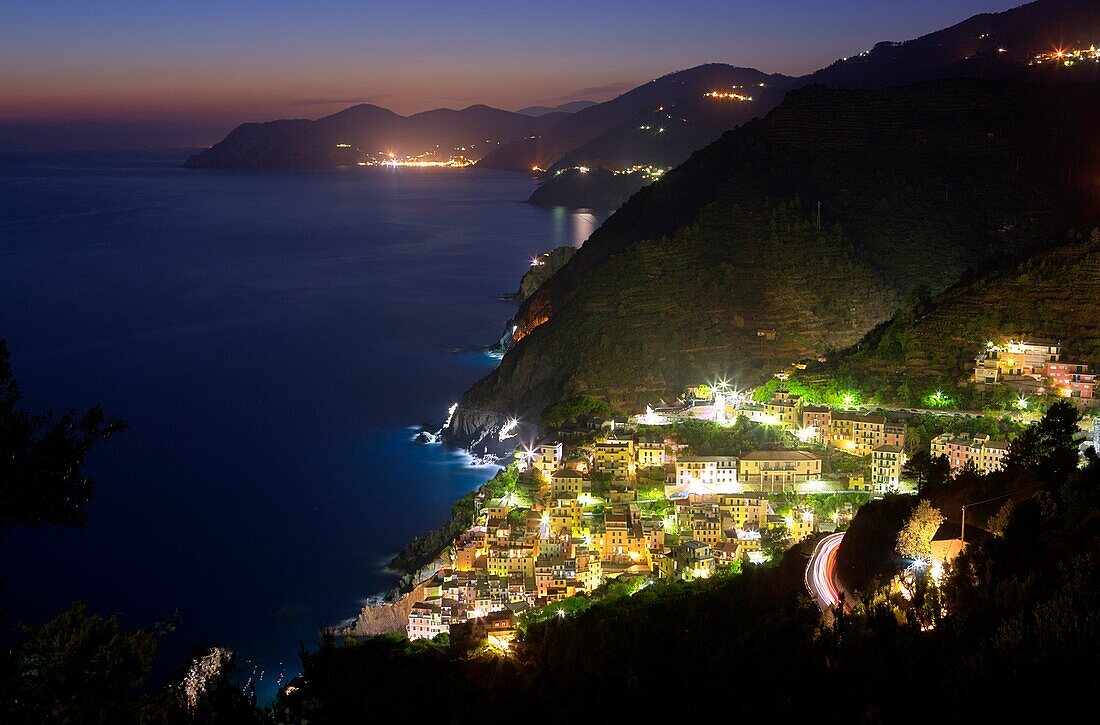 Night light over Riomaggiore, Cinque Terre National Park, Province of La Spezia, Liguria, Italy, Europe