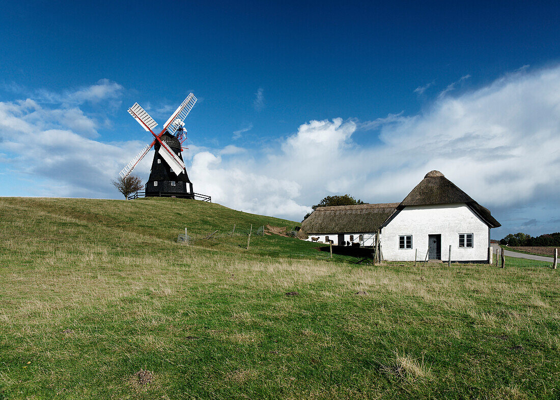 Windmühle und Haus unter blauem Himmel, Hennetved, Insel Langeland, Dänemark, Europa