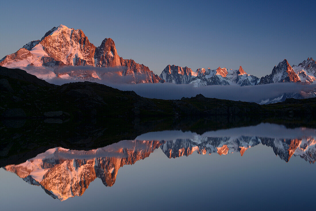 Mont blanc-Gruppe spiegelt sich in Bergsee, Mont blanc-Gruppe, Mont Blanc, Chamonix, Savoyen, Frankreich