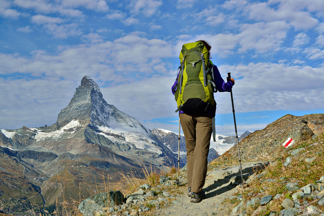 Woman with rucksack hiking on a path with view to Matterhorn, Pennine Alps, Valais, Switzerland