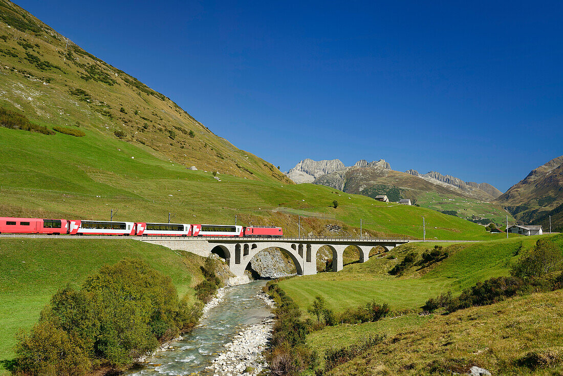 Glacier Express, Matterhorn Gotthard railway, Furka Pass, Andermatt, Uri, UNESCO World Heritage Site Rhaetian Railway, Rhaetian Railway, Switzerland