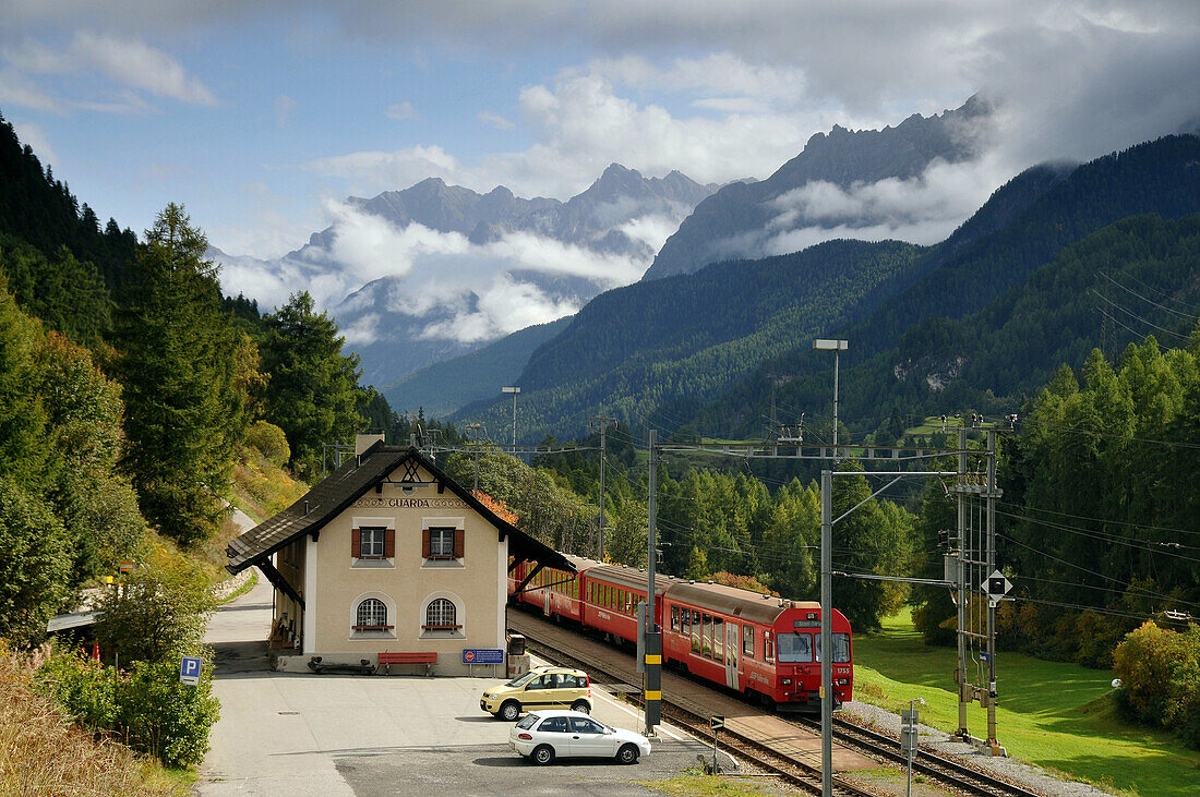 Railway station beneath Guarda, Lower Engadine, Grisons, Switzerland, Europe