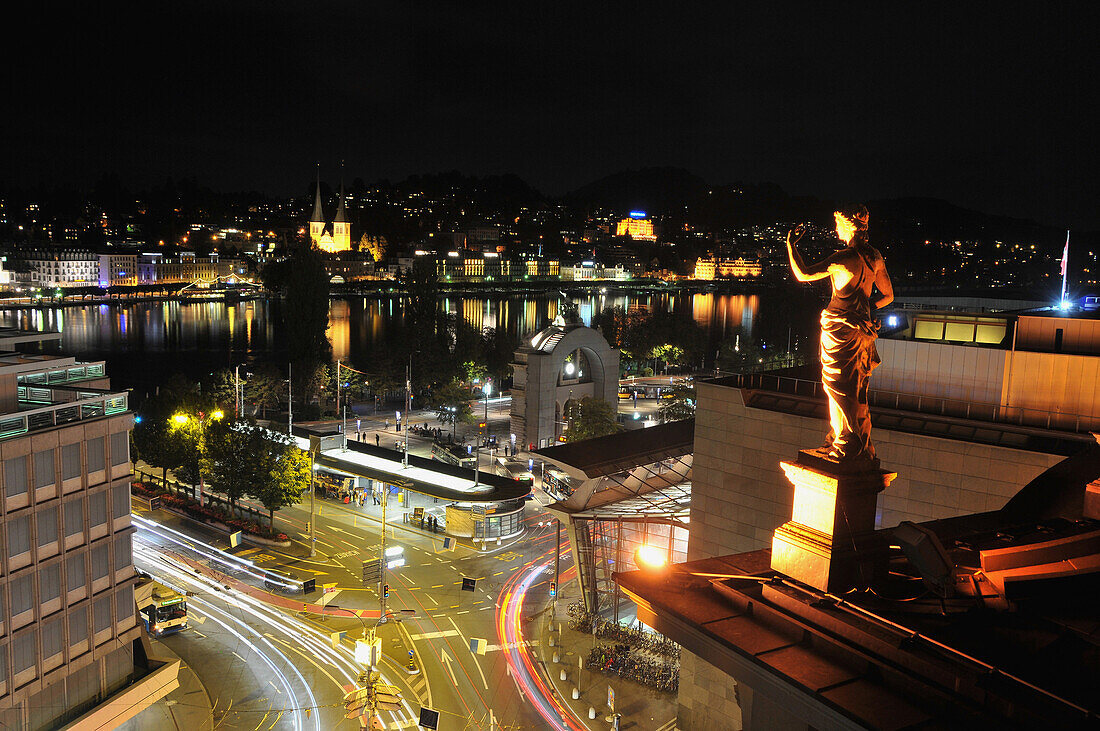 View from thel hotel onto the lake at night, Luzern, Switzerland, Europe
