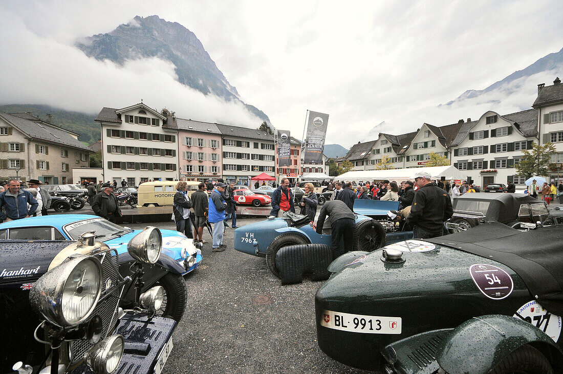 Vintage cars on a square at Glarus, Glarner alps, Eastern Switzerland, Switzerland, Europe