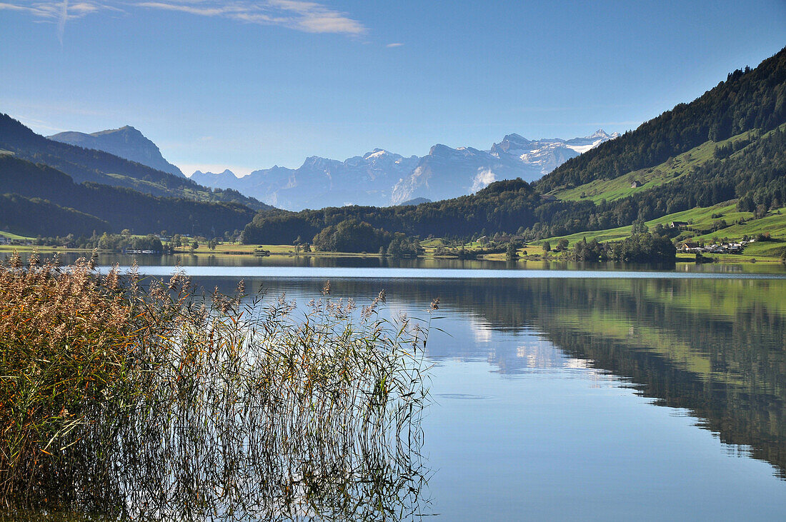 Reflection of mountain scenery on lake Aegerisee, Canton Zug, Switzerland, Europe