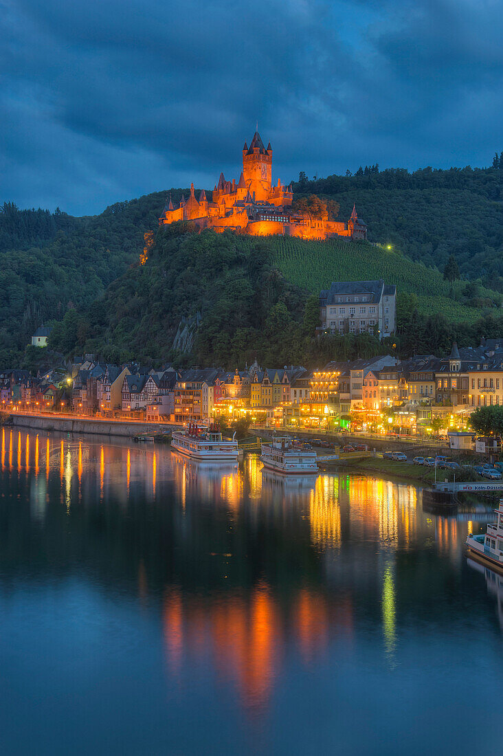 View at Cochem with Castle at dusk, Moselle, Rhineland-Palatine, Germany