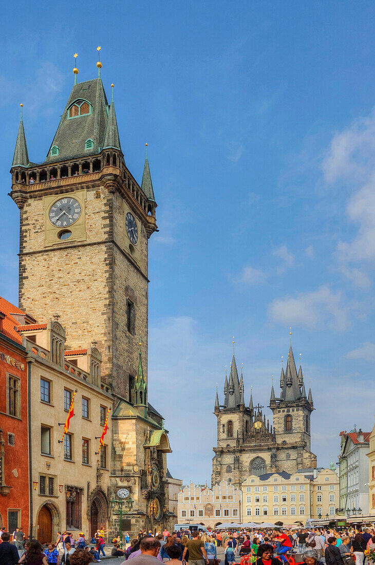 City hall and Teyn church at the Altstadter Ring, Prague, Middle Bohemia, Czech Republik