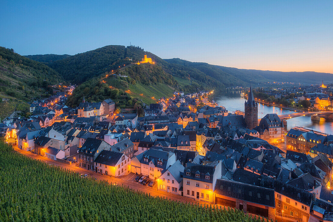 View at Bernkastel-Kues with Landshut castle in the evening, Moselle, Rhineland-Palatine, Germany