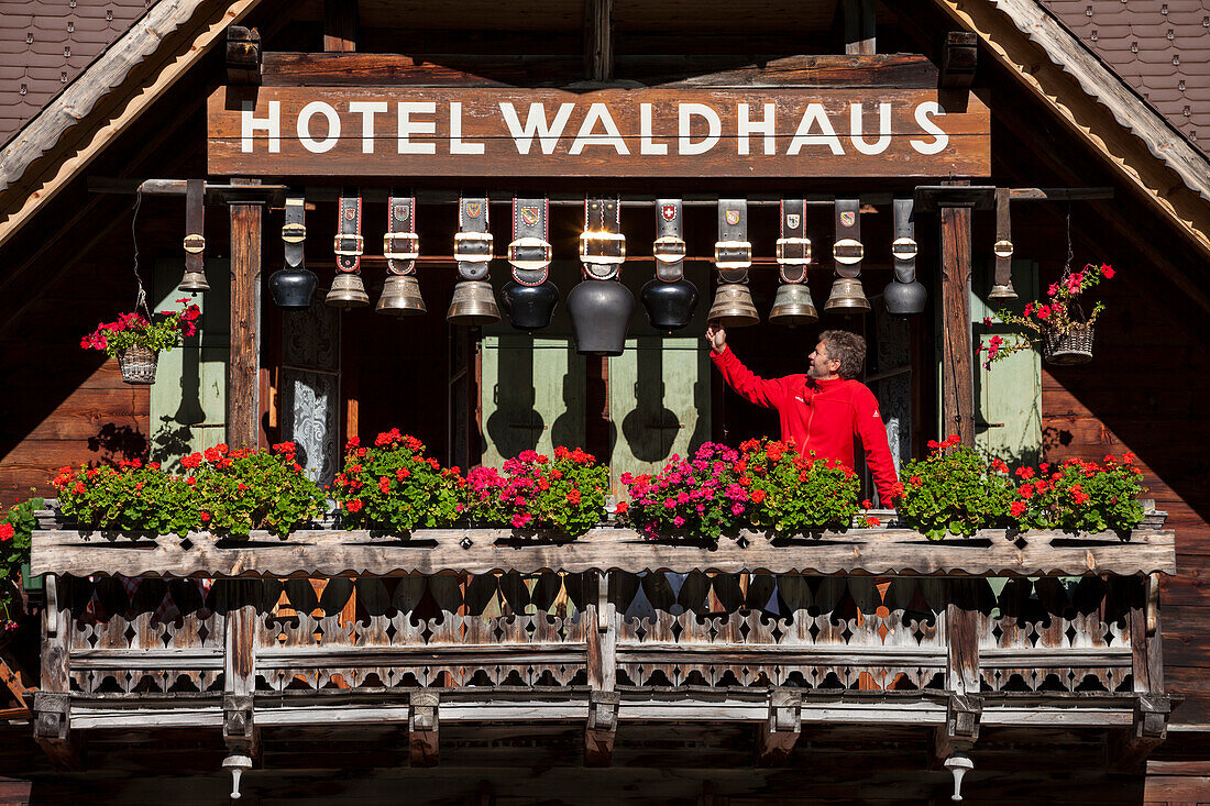 Cowbells on the balcony of Hotel Waldhaus, Gastern Valley, Bernese Oberland, Canton of Bern, Switzerland