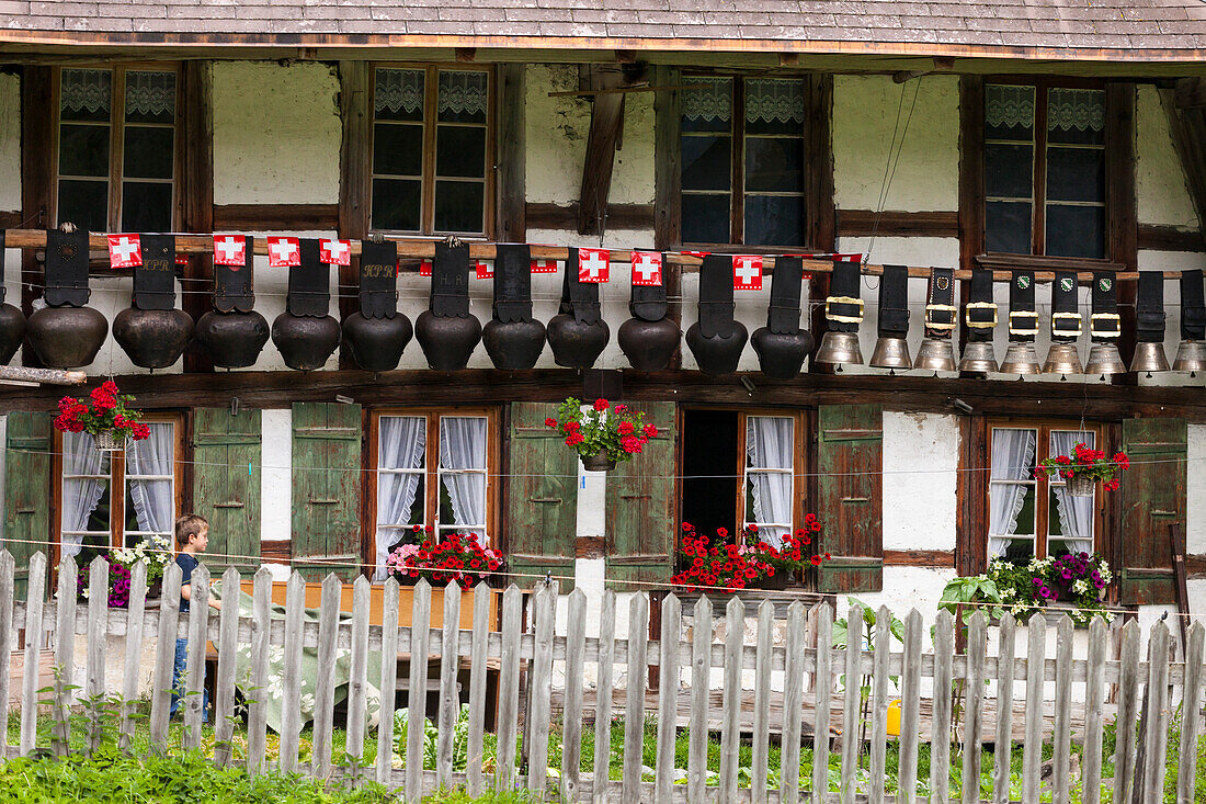 Hotel Waldhaus with cowbells hung up outside, Bernese Oberland, Canton of Bern, Switzerland