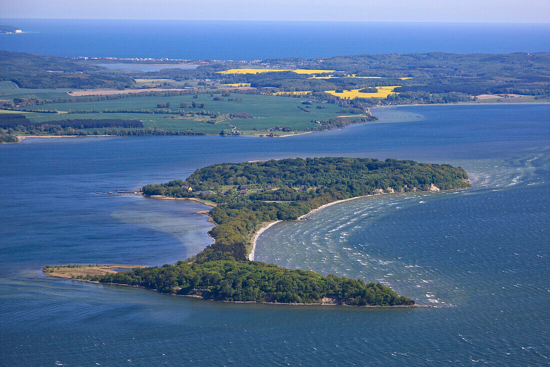 Aerial view of Vilm island and Ruegen island, Baltic coast, Mecklenburg Western Pomerania, Germany, Europe