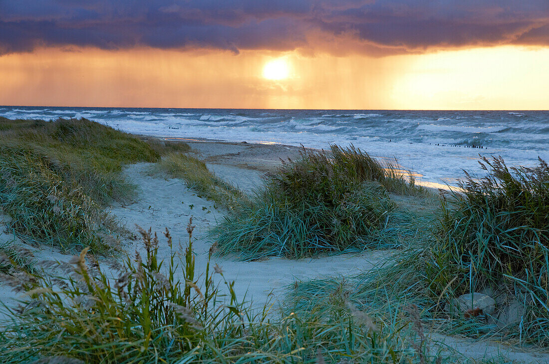 Sunset and rain above Baltic Sea, Baltic coast, Mecklenburg Western Pomerania, Germany, Europe