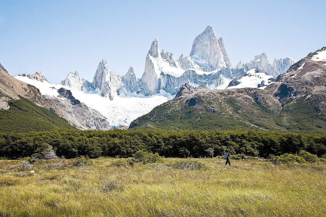 Man hiking at Fitz Roy Massif, El Chalten, Patagonia, Argentina