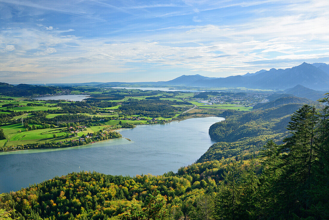Weißensee, Hopfensee, Forggensee und Bannwaldsee, Vierseenblick, Falkenstein, Allgäuer Alpen, Allgäu, Schwaben, Bayern, Deutschland