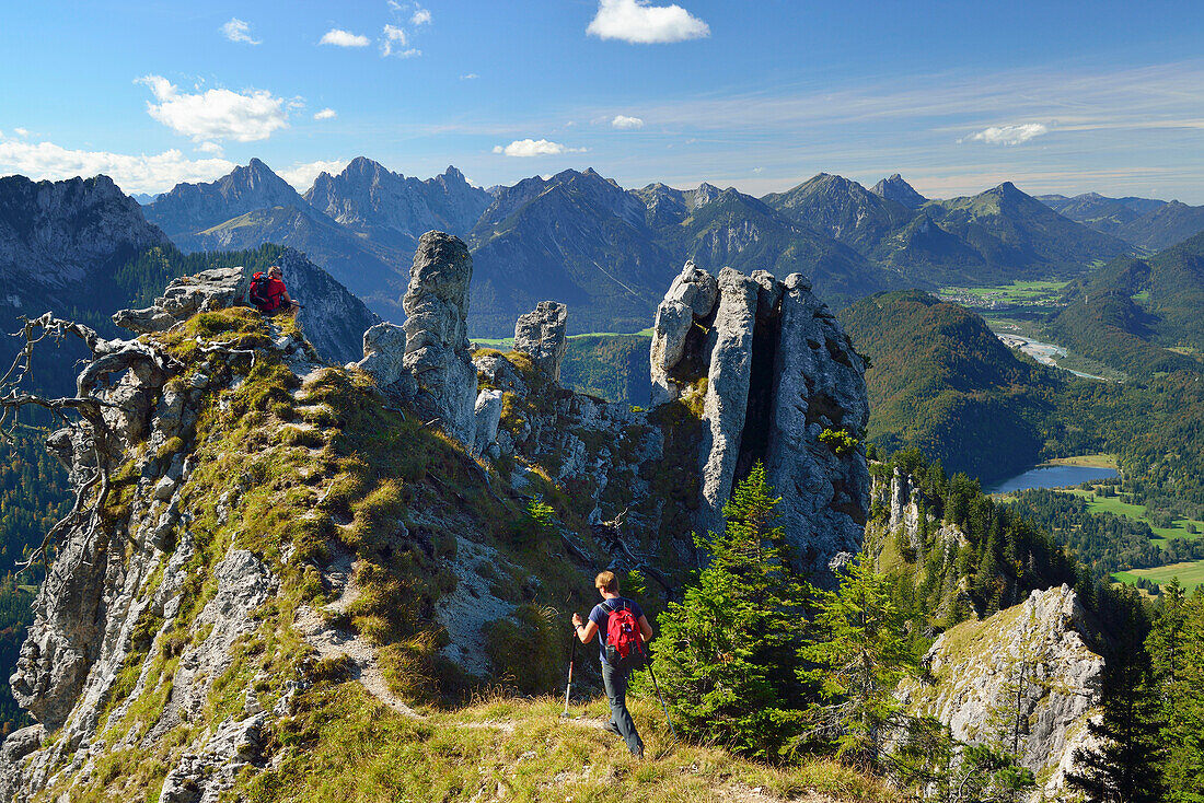 Two hikers descending along a ridge of Tegelberg, Tannheim range in the background, Tegelberg, Ammergau range, Allgaeu, Swabia, Bavaria, Germany