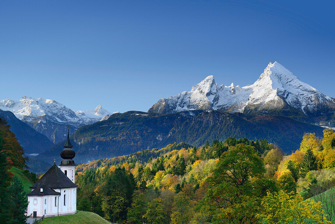 Church Maria Gern with Steinernes Meer and Watzmann, Berchtesgaden range, Upper Bavaria, Bavaria, Germany