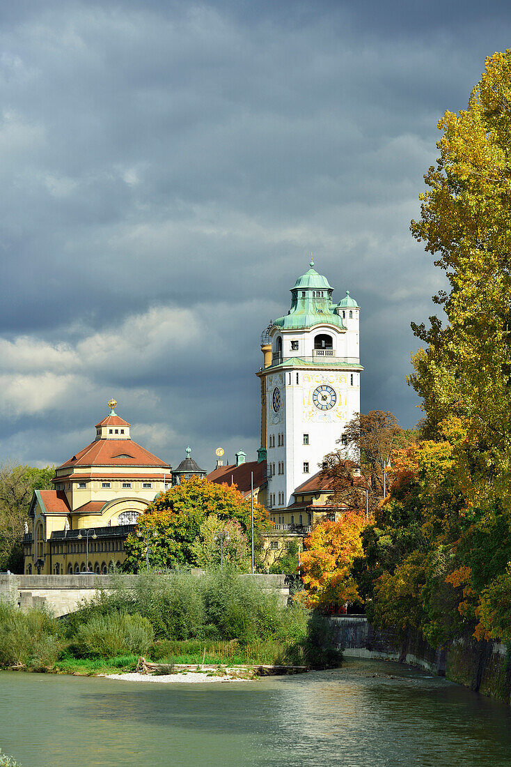 Muellersches Volksbad with river Isar, Art Nouveau building, Munich, Upper Bavaria, Bavaria, Germany