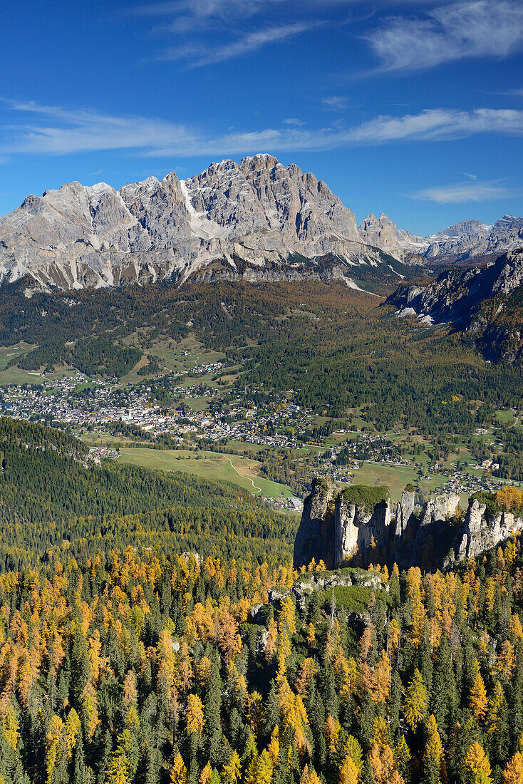 Larch trees in autumn colors above Cortina d´Ampezzo with Monte Cristallo, Dolomites, UNESCO World Heritage Site Dolomites, Veneto, Italy