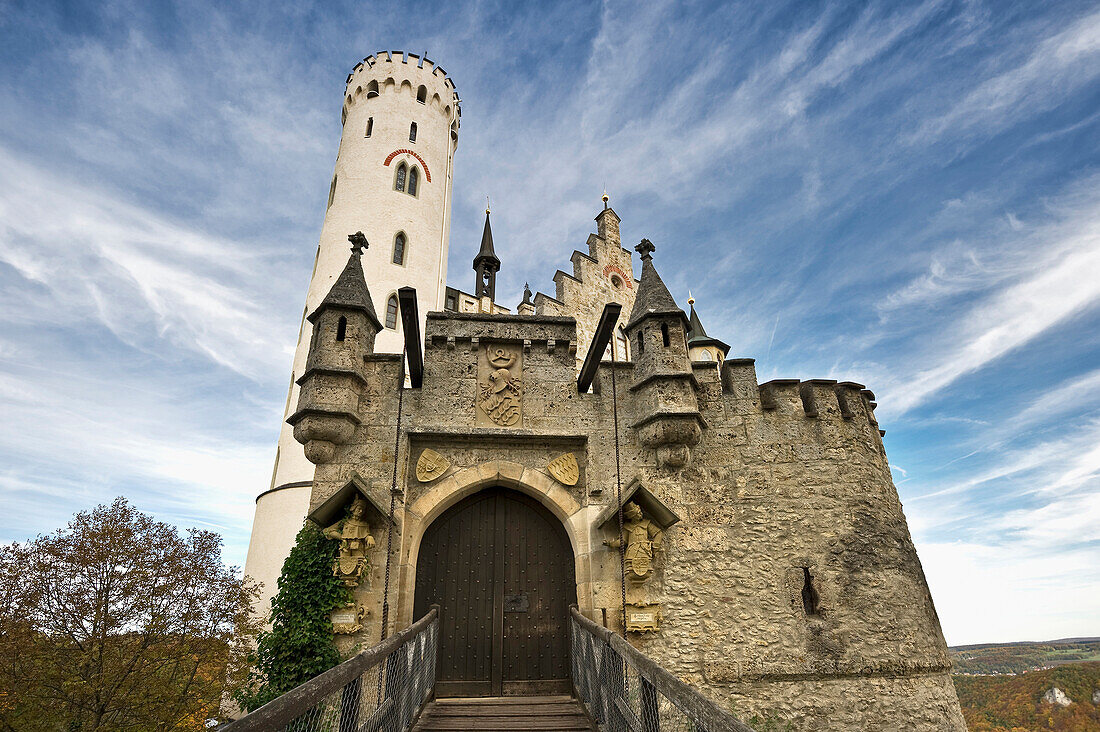 Lichtenstein Castle under clouded sky, Swabian Alp, Baden-Wuerttemberg, Germany, Europe