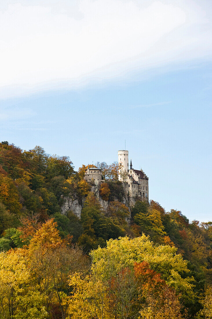 Lichtenstein Castle under clouded sky, Swabian Alp, Baden-Wuerttemberg, Germany, Europe