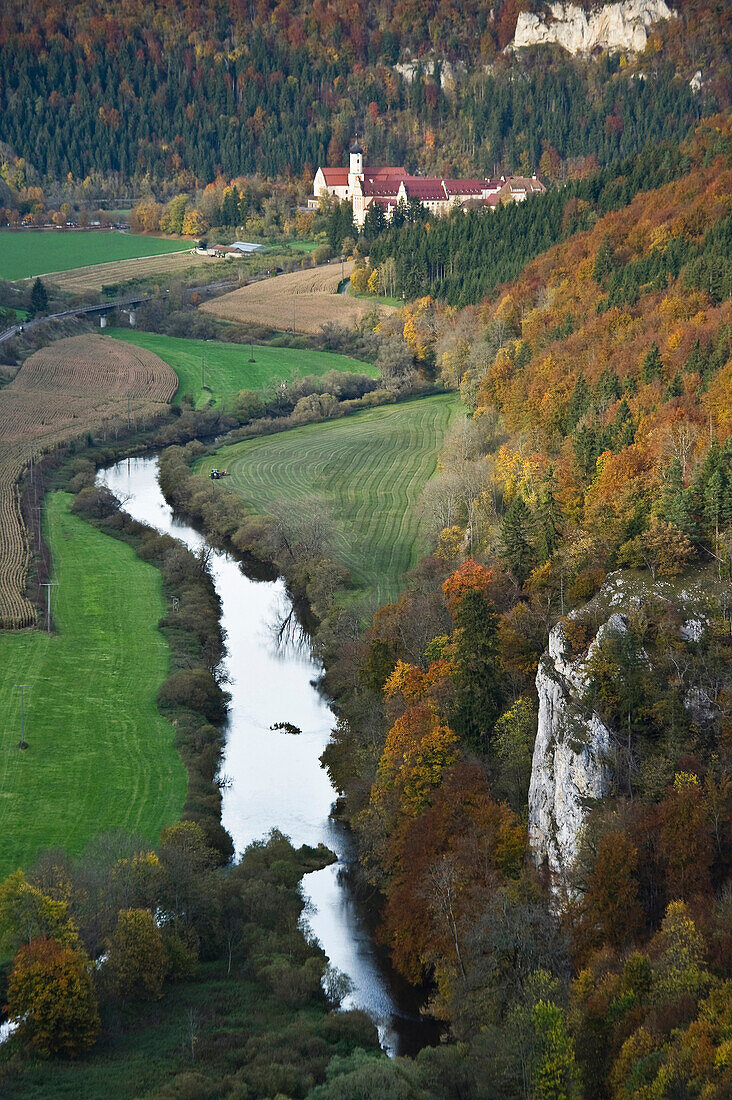 View of Beuron Archabbey, a major house of the Benedictine Order, Upper Danube Valley, Swabian Alp, Baden-Wuerttemberg, Germany, Europe