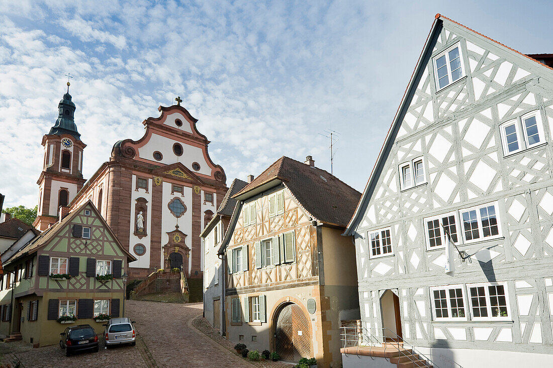 Church and half timbered houses at Ettenheim, baroque city, Ortenau, Black Forest, Baden-Wuerttemberg, Germany, Europe