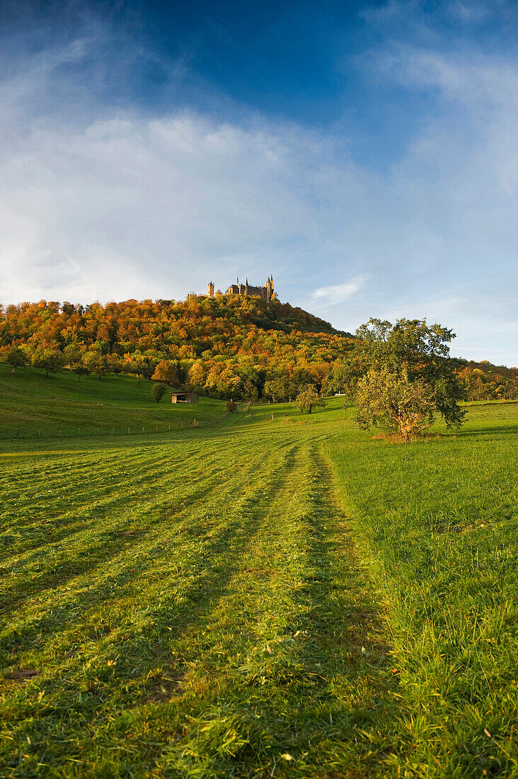 Blick auf Burg Hohenzollern unter Wolkenhimmel, Hechingen, Schwäbische Alb, Baden-Württemberg, Deutschland, Europa